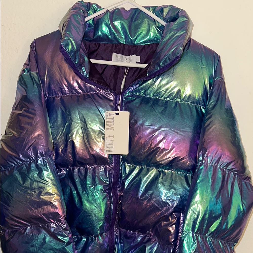 Zara Purple and Green Puffer Jacket with Iridescent Finish